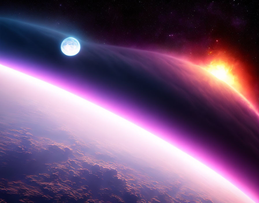 Vibrant space scene with curved planet horizon and distant sun