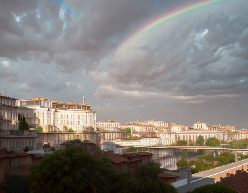 Rainbow over European-style buildings by river and trees under dramatic sky