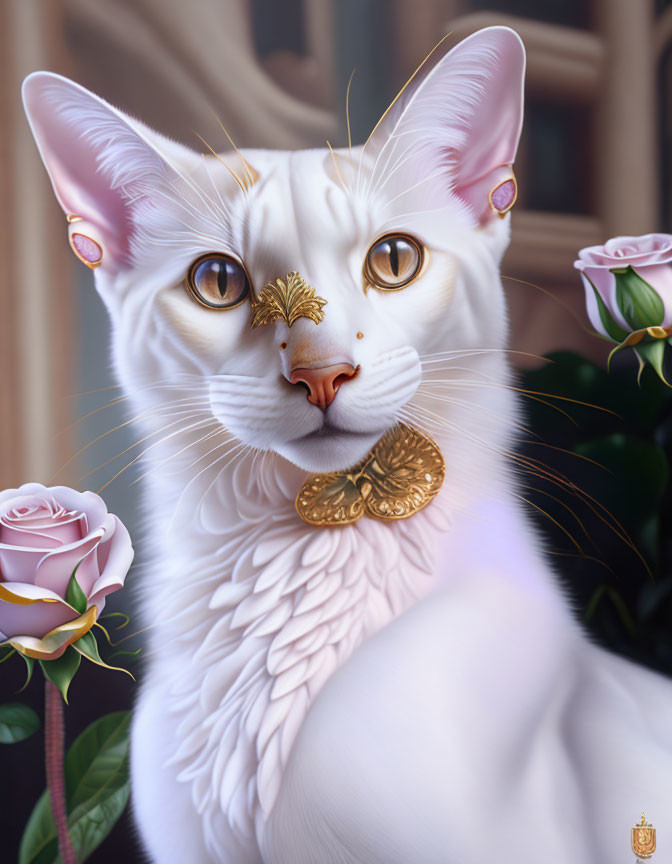 White Cat with Human-Like Eyes and Gold Jewelry Surrounded by Pink Roses