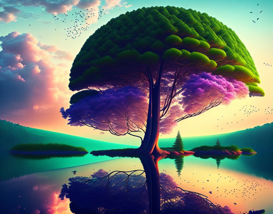 Digitally-altered image of brain-shaped tree against colorful sunset with mirrored water and bird silhouettes