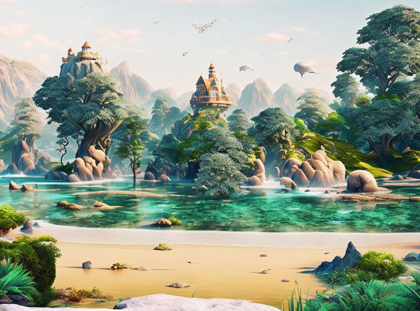 Majestic landscape with turquoise river, lush greenery, castles, and flying rocks