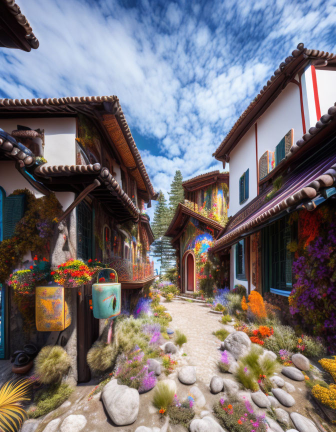 Charming village street with colorful flowers, rustic buildings, cobblestone path, and vibrant gardens under