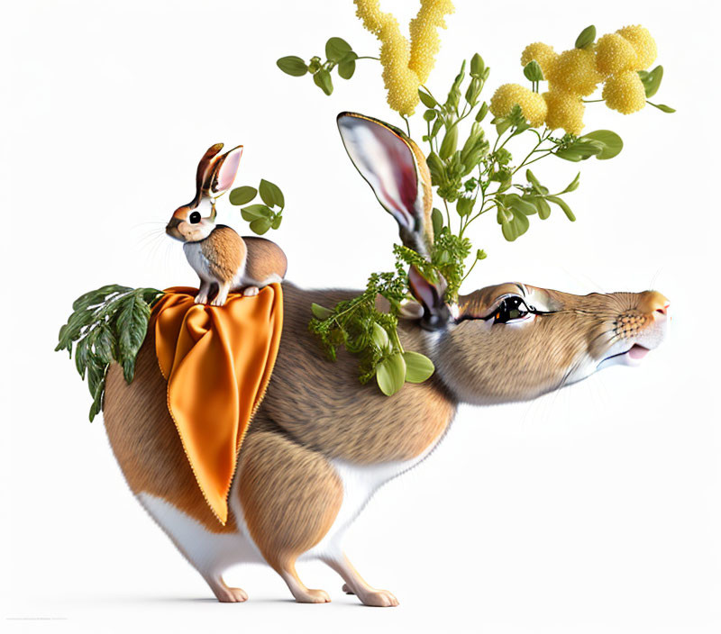 Illustration of two rabbits with greenery and yellow flowers