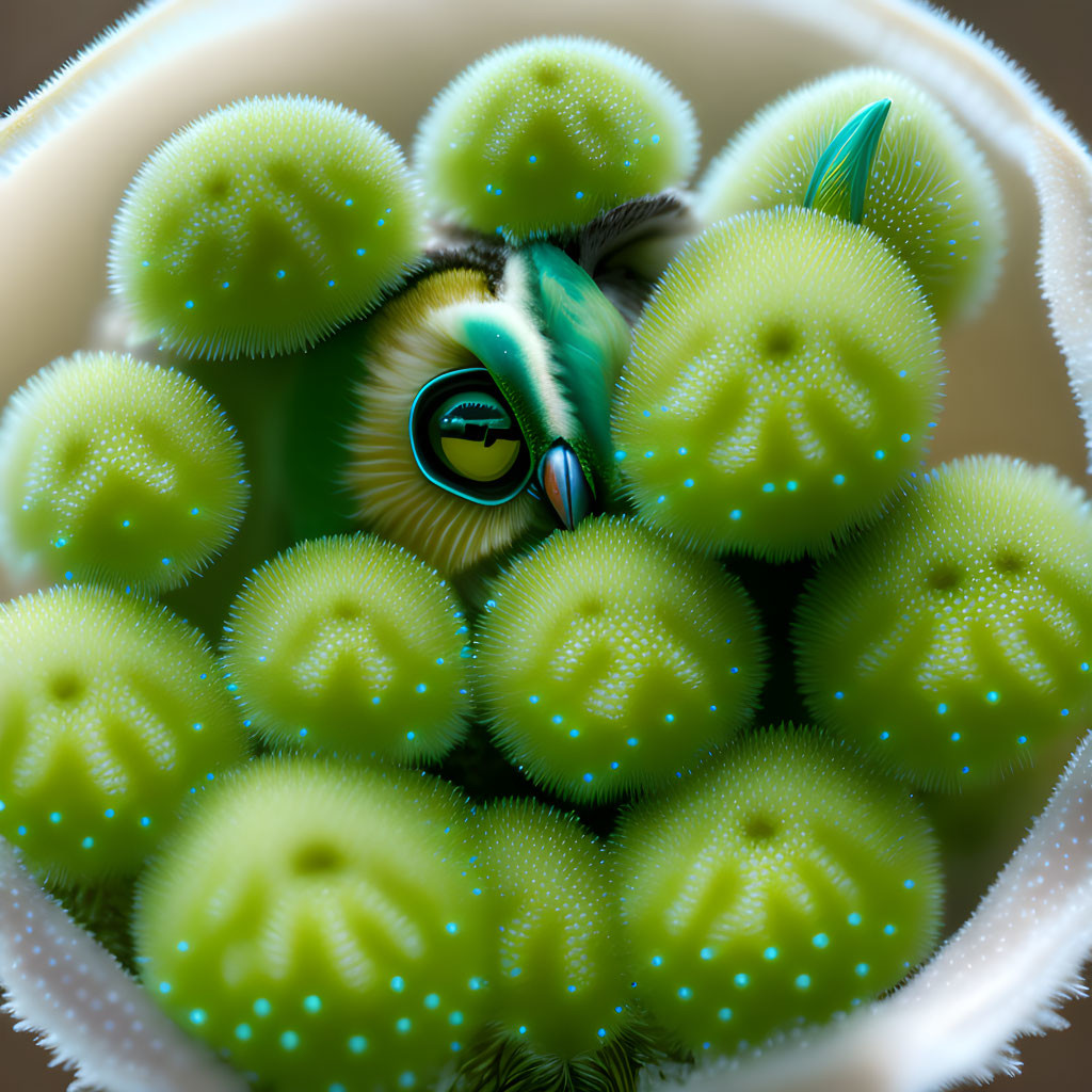 Green-eyed bird among kiwifruits with seeds and fuzz