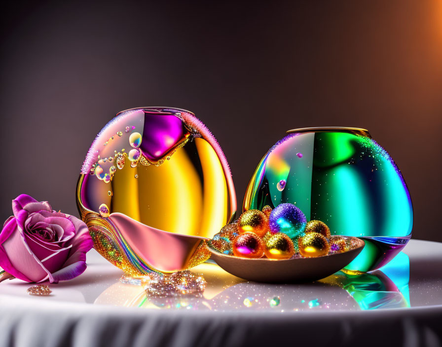 Colorful iridescent spheres with water droplets, purple rose, and gradient background.