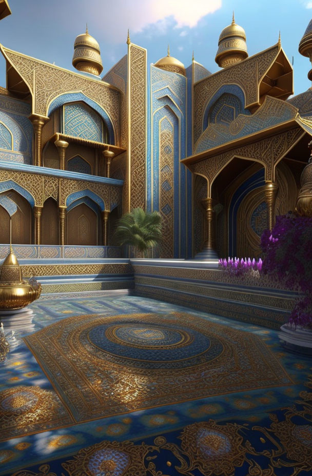 Intricate Blue and Gold Palace with Archways and Domes