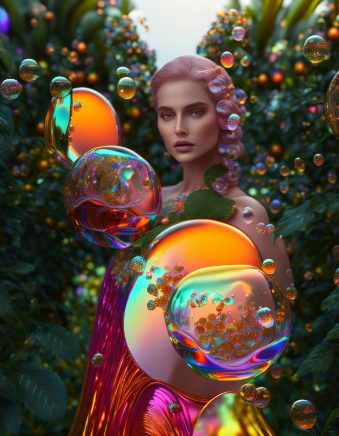 Surreal portrait with iridescent bubbles and glossy foliage