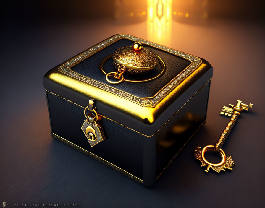 Black and Gold Ornate Box with Lock and Key on Reflective Surface