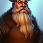 Fantasy dwarf with white beard in horned helmet holding golden chest