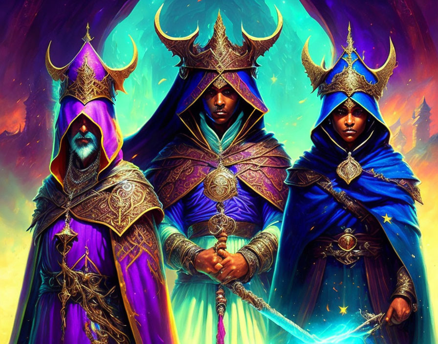 Regal figures in colorful robes and crowns against cosmic backdrop