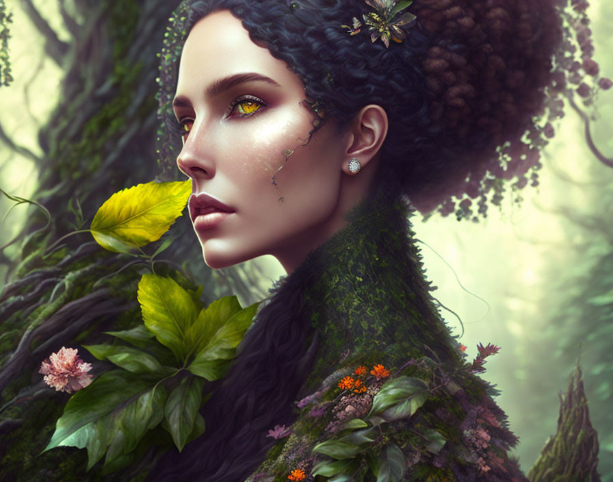 Digital Artwork: Woman with Nature-Inspired Features and Greenery Hair