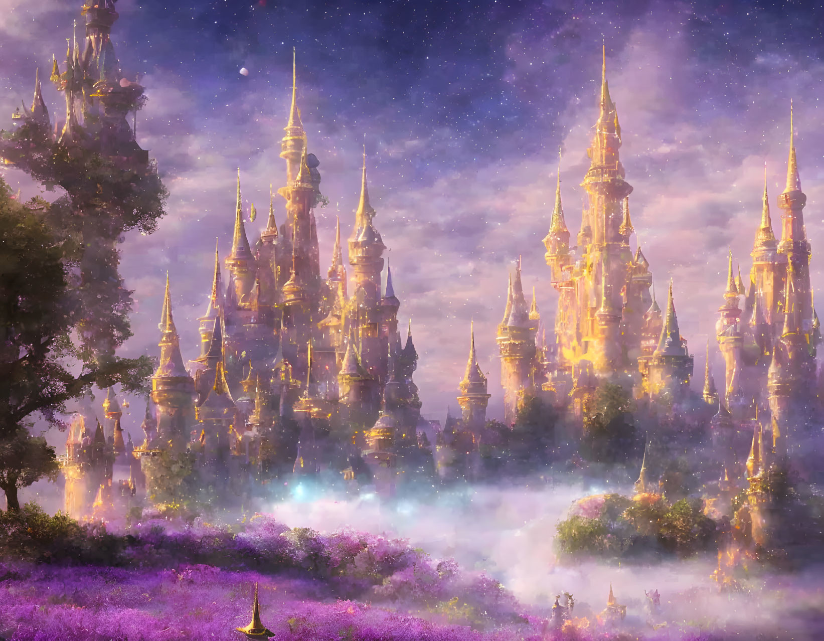 Misty starry sky over golden spires in lavender landscape
