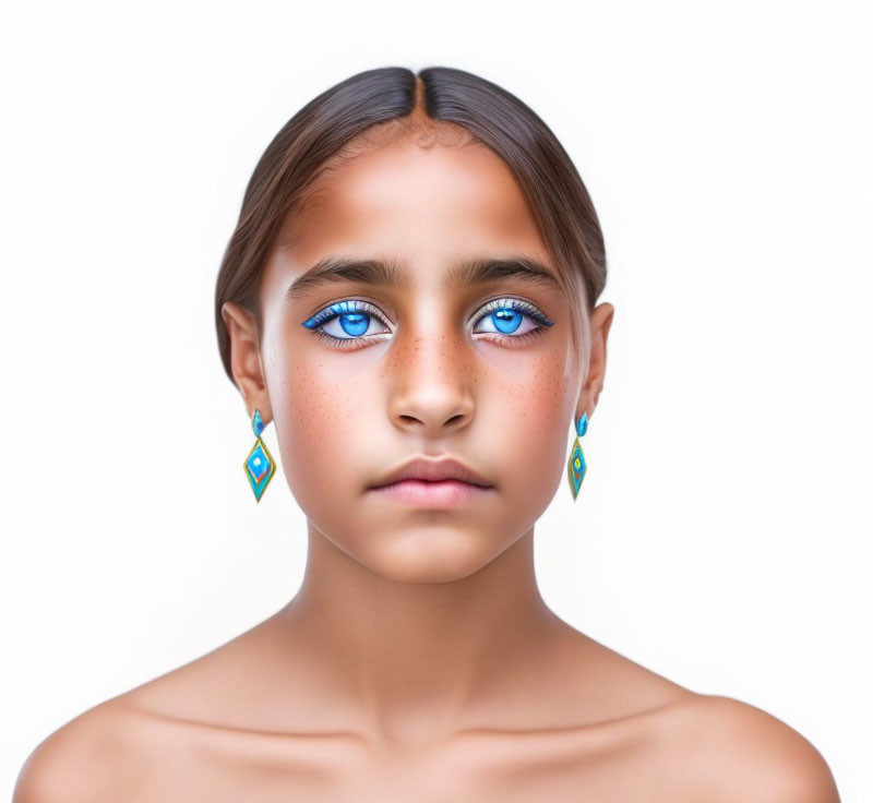 Symmetric portrait of a girl with blue eyes and earrings