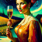Illustrated woman in ornate dress with champagne glass in vineyard setting