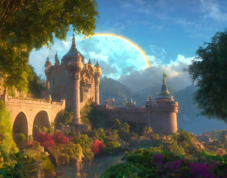 Majestic fairy-tale castle on hill with stone bridge, river, vibrant flora, rainbow,