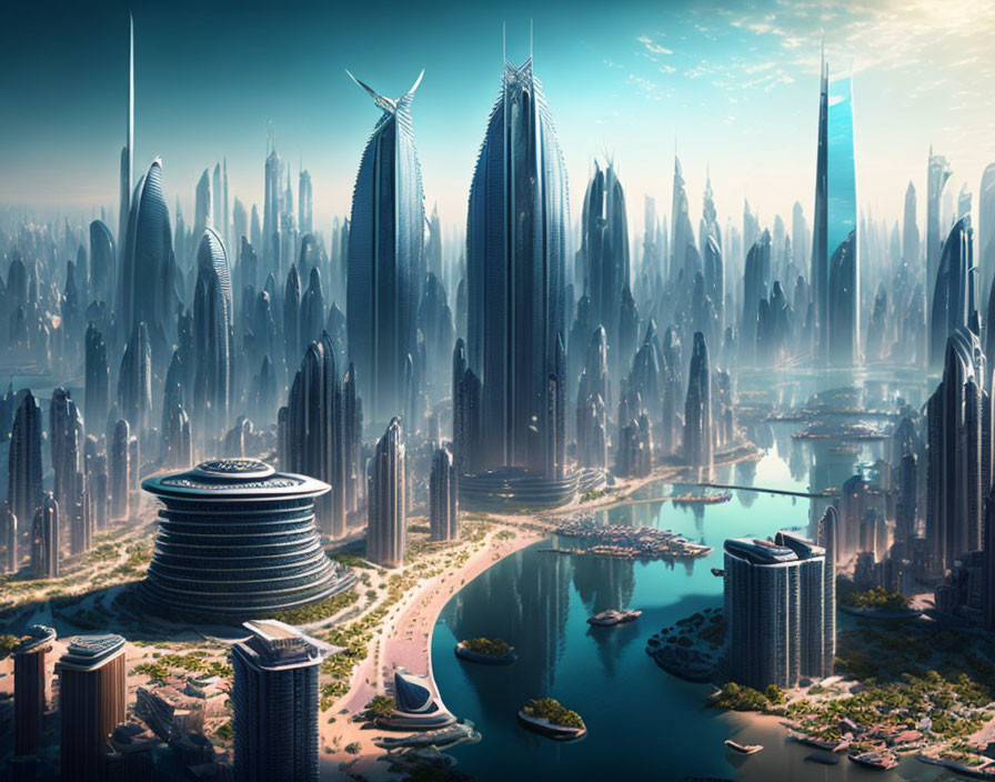 Futuristic cityscape with skyscrapers and advanced architecture by a river