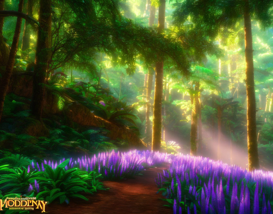 Sunlit Mystical Forest with Purple Flowers