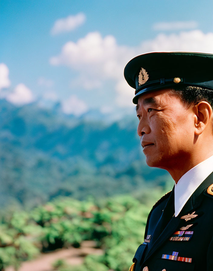 Uniformed Officer with Medals Against Blue Sky and Green Mountains