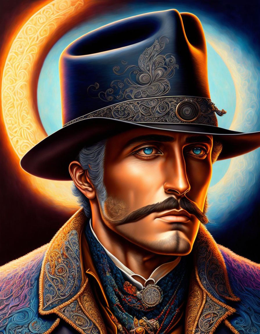 Stylized portrait of man in cowboy attire on swirled background