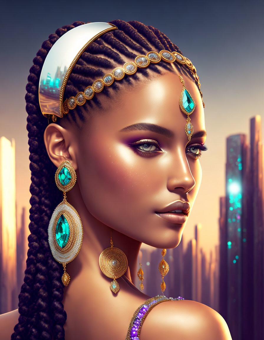 Digital portrait of woman with braided hair and glamorous jewelry against futuristic cityscape.