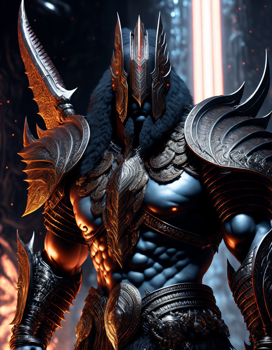 Intricate armored figure with winged helmet and claw-like pauldrons in sci-fi setting