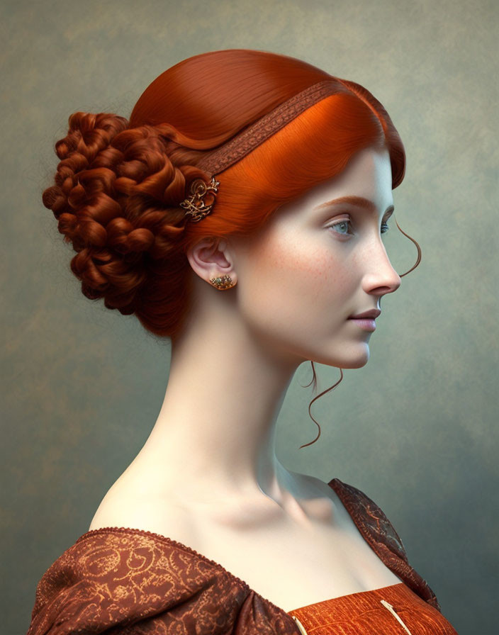 Red-haired woman in braided updo with gold earrings in brown outfit