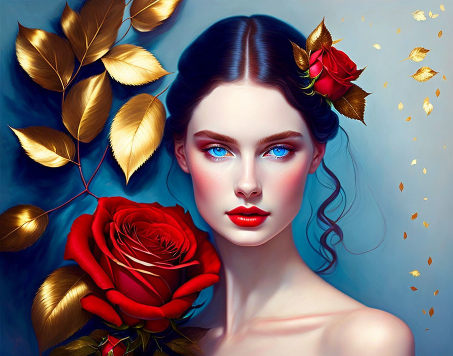 Digital artwork featuring woman with blue eyes, gold leaves, red rose, blue background