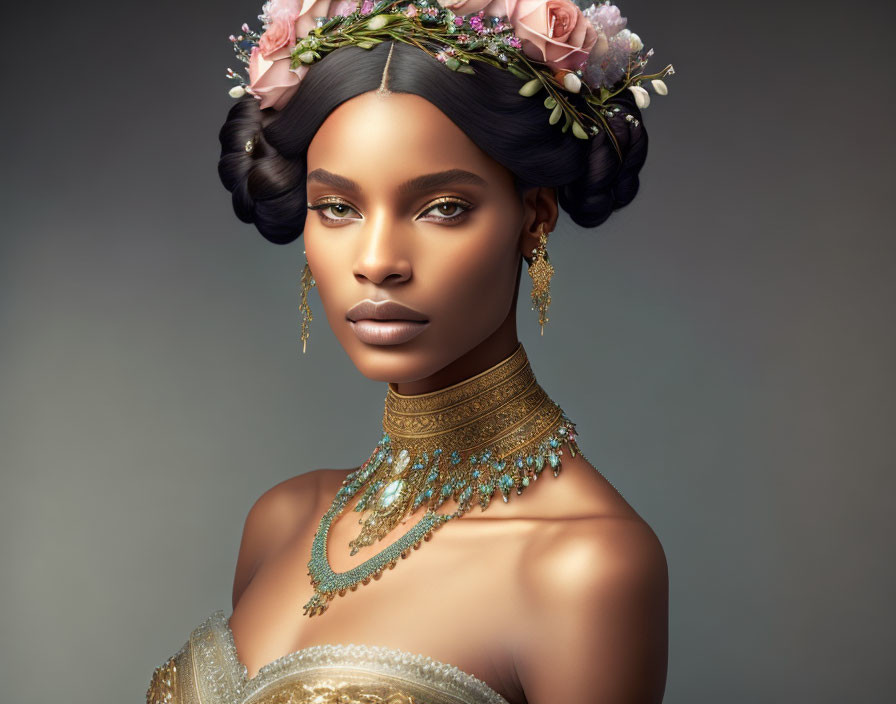 Woman in Floral Headpiece and Gold Jewelry Gazing at Viewer