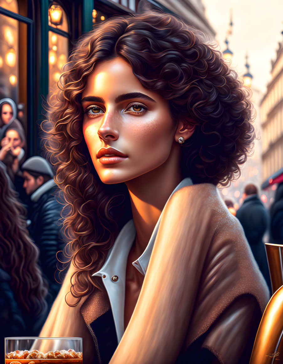 Digital portrait: Woman with curly hair and green eyes at cafe with evening city scene.