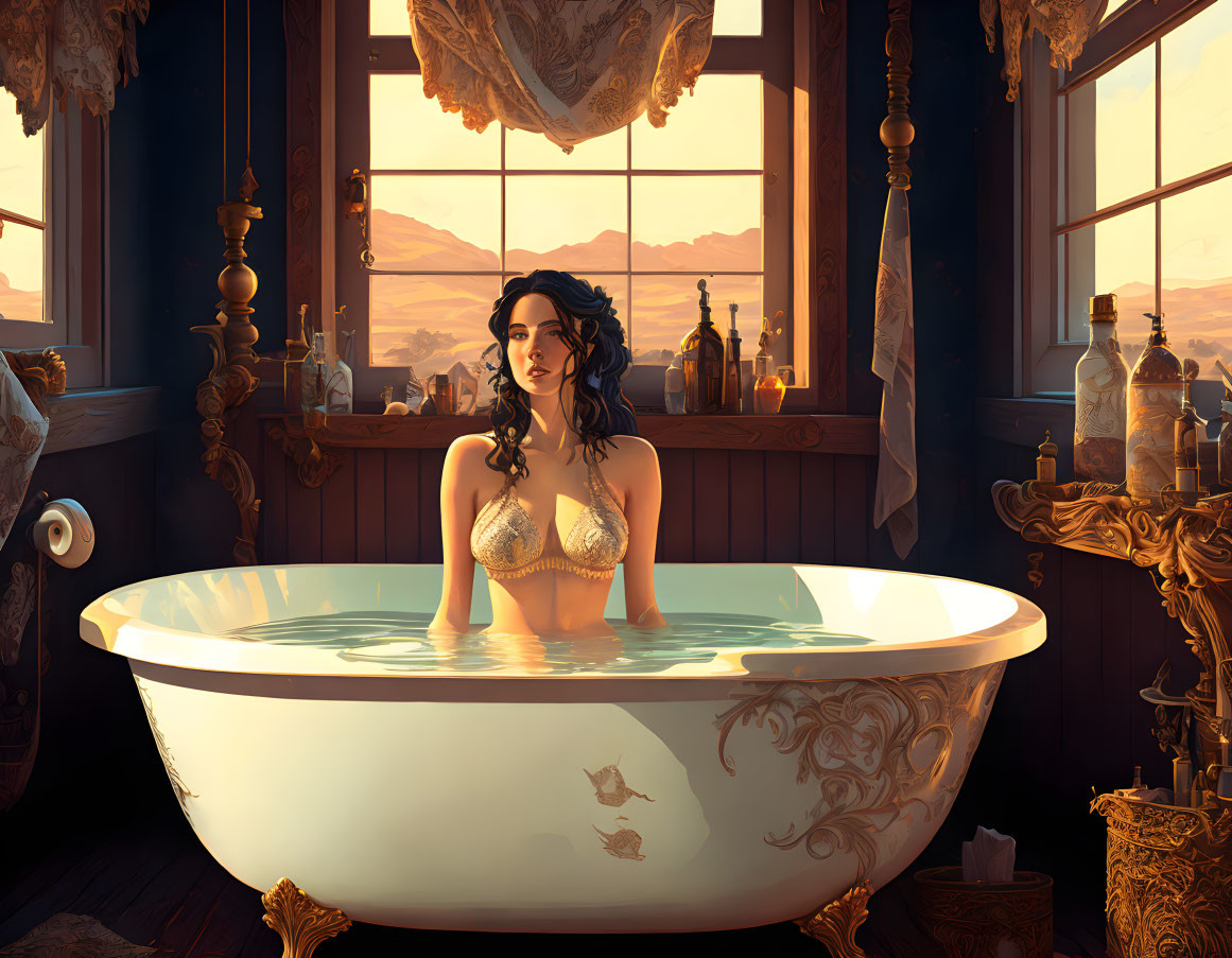 Wild west, young woman bathing