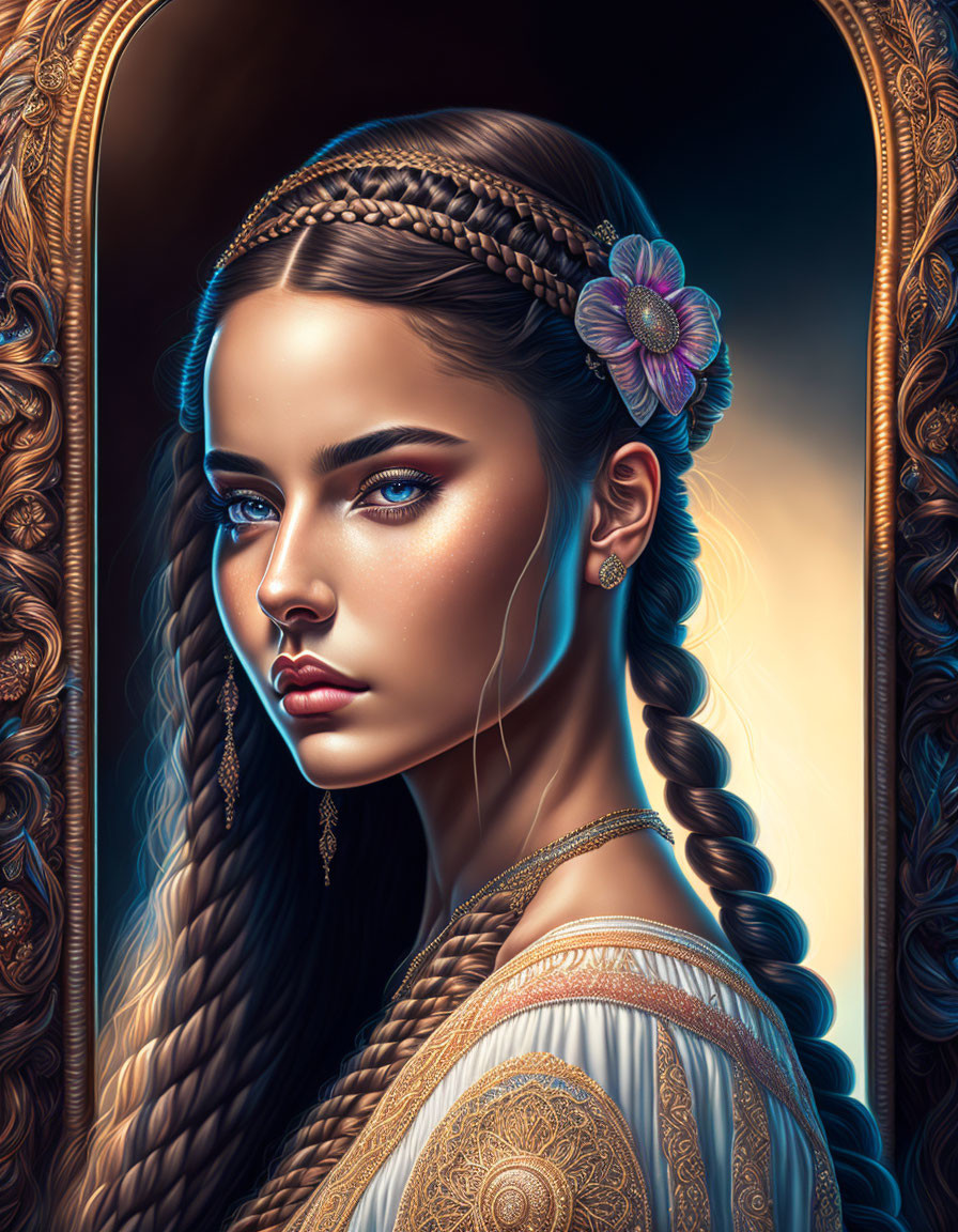 Digital portrait of a woman with braided hair and blue eyes in ornate golden frame