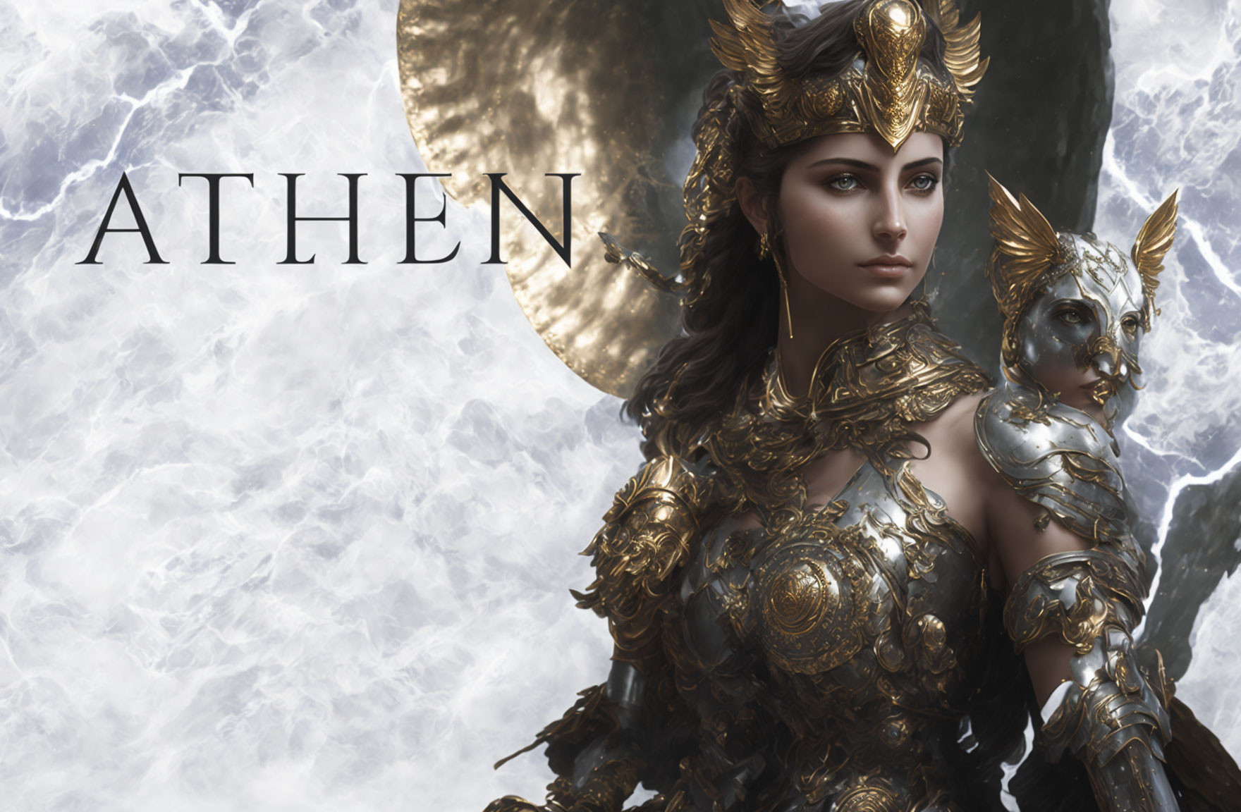 Warrior woman in golden armor with stylized helmet in fantasy artwork.