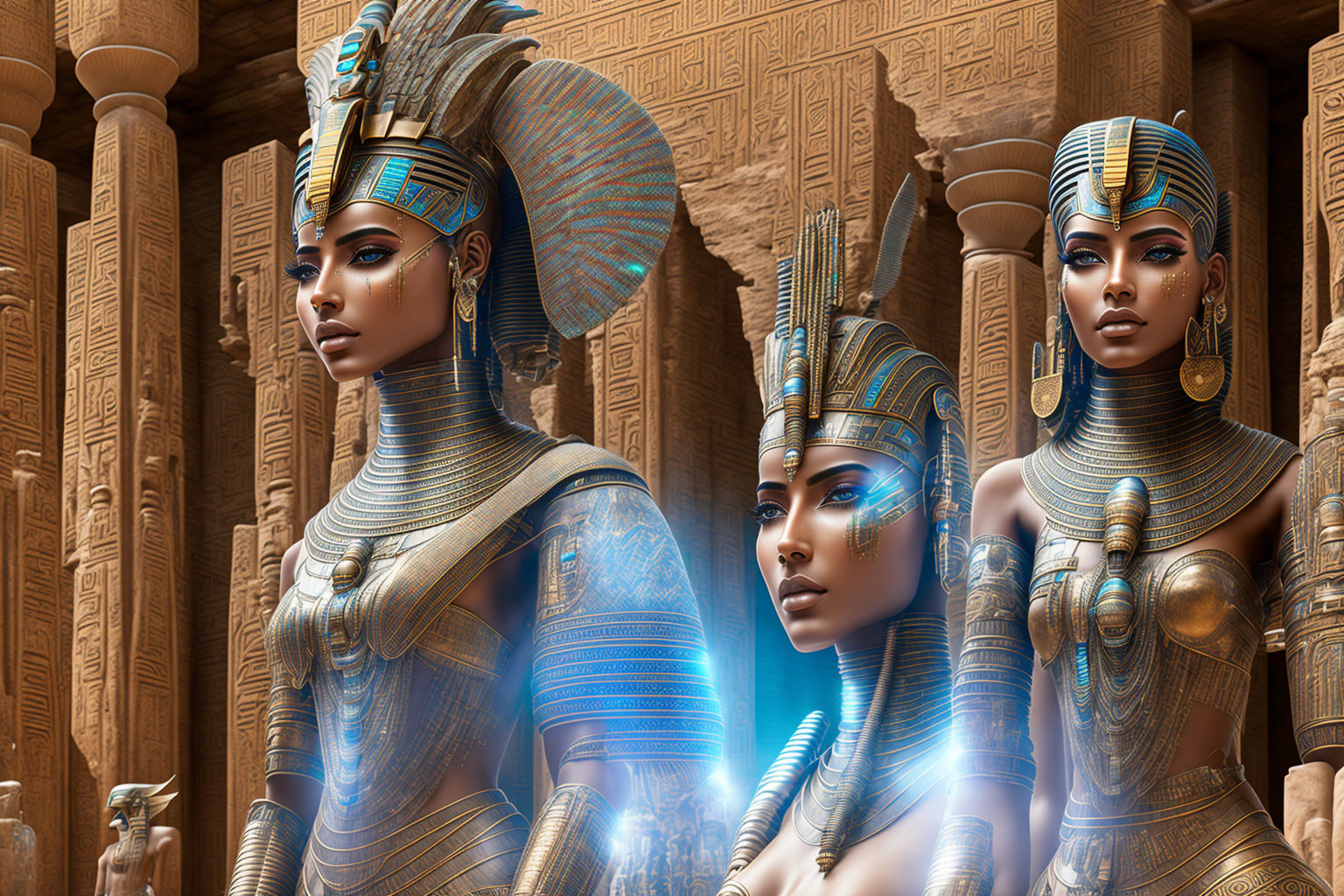 Stylized regal female figures in Egyptian attire with golden-blue armor and stone columns