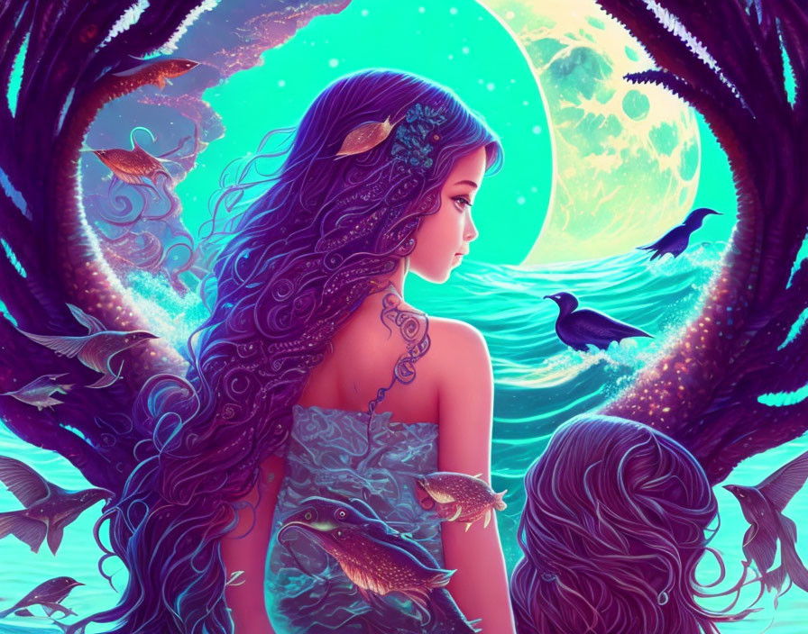 Fantasy illustration of woman with sea creature hair by moonlit ocean