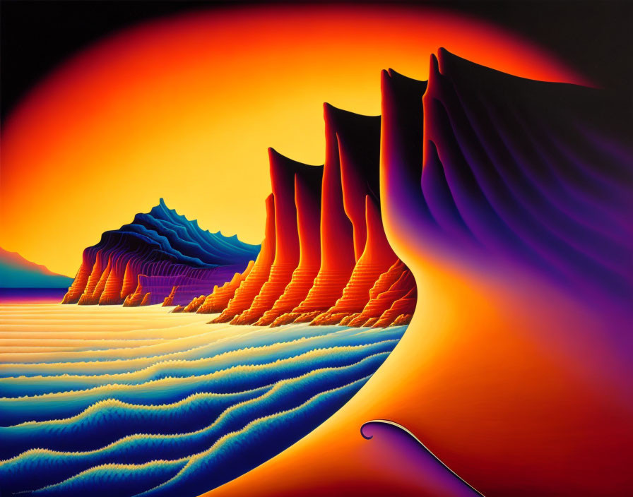 Colorful surreal landscape with orange sky, blue water, and purple mountains