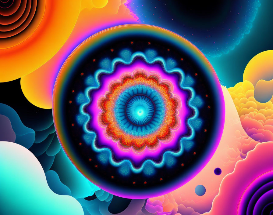 Colorful Neon Kaleidoscope Pattern on Circular Fractal Design