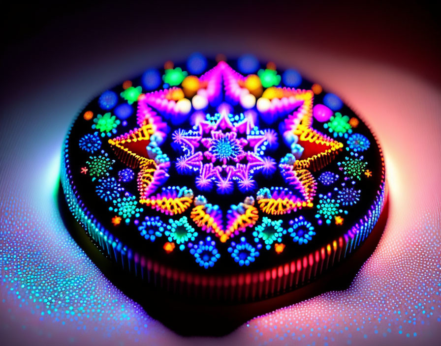 Colorful Glowing Circular Kaleidoscopic Pattern with Neon Star Shapes