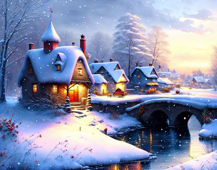 Winter village scene with glowing cottages, river, bridge, and trees at dusk