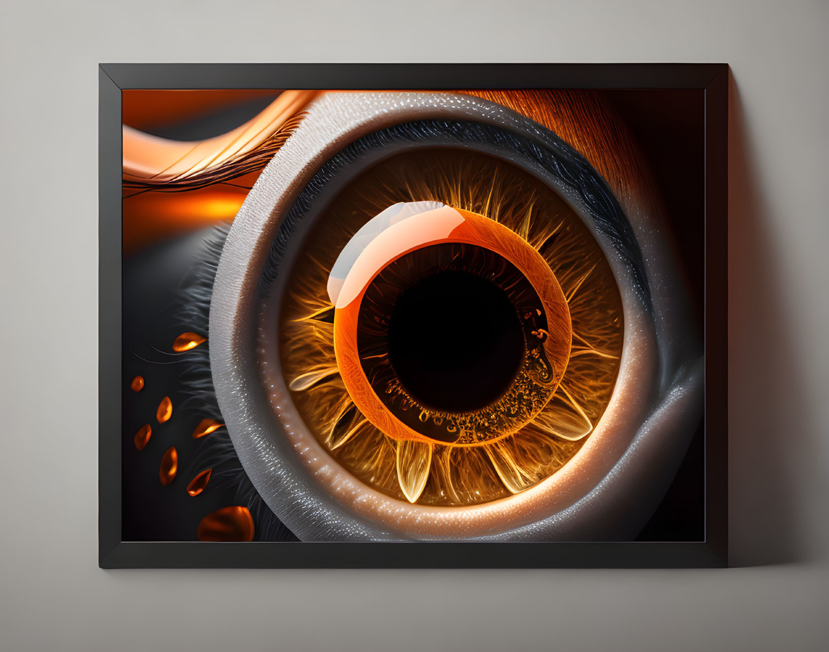 Surreal framed artwork: eye with abstract orange tones, droplets, hair-like extensions