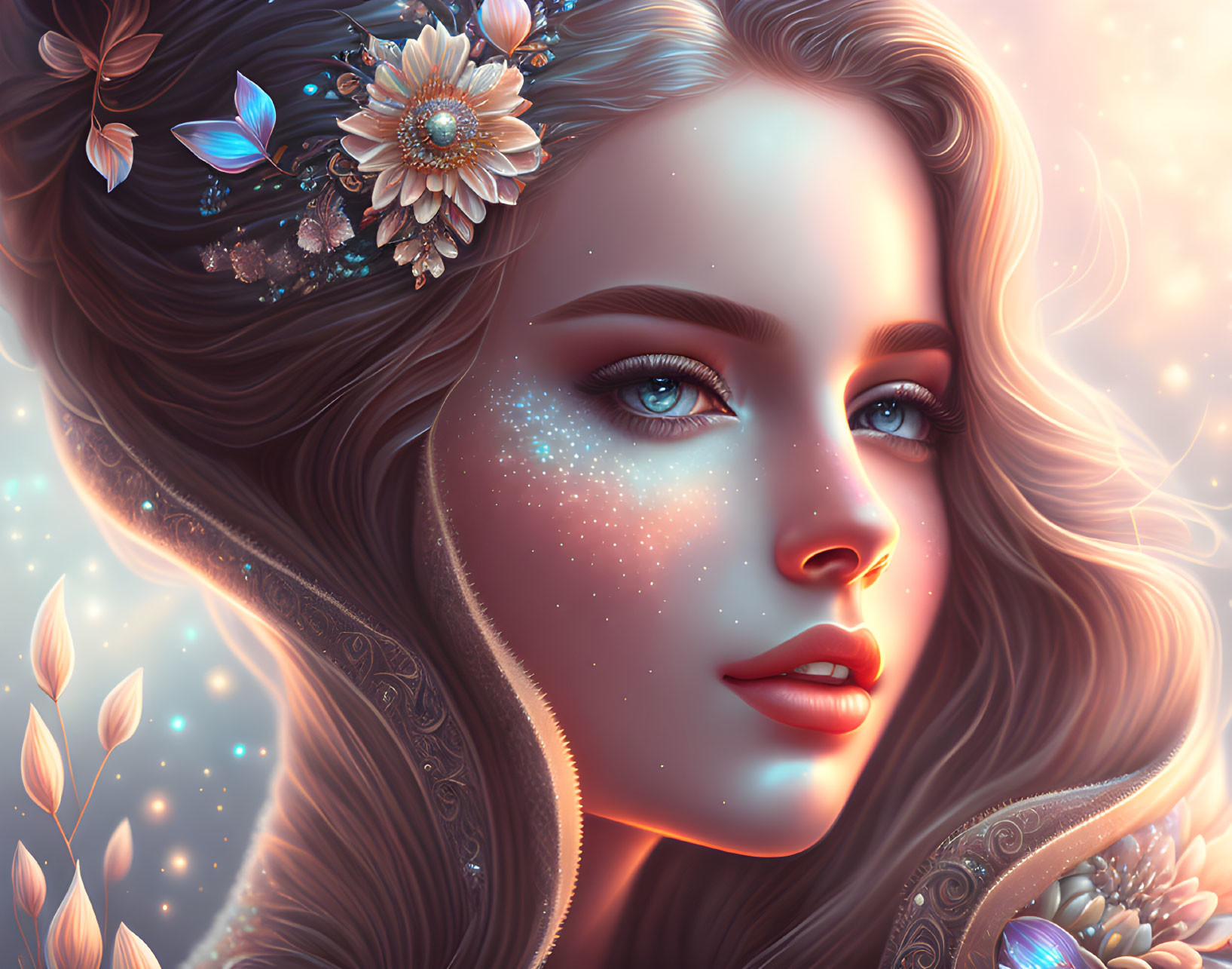 Fantasy illustration: Woman with blue eyes and cosmic freckles, adorned with flowers and butterflies