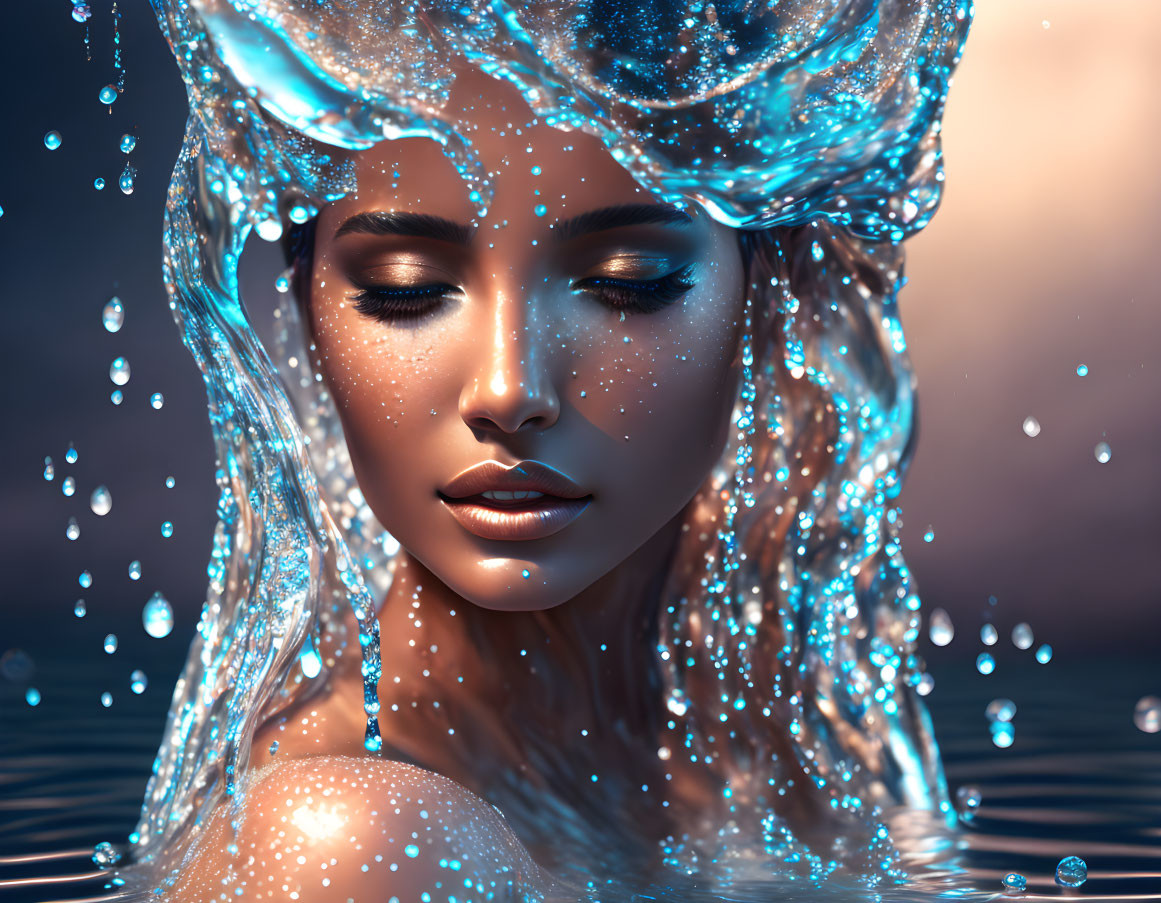 Woman with water crown in mystical setting
