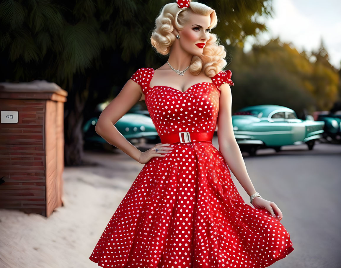 Vintage woman in red polka dot dress with retro hairstyle by classic car