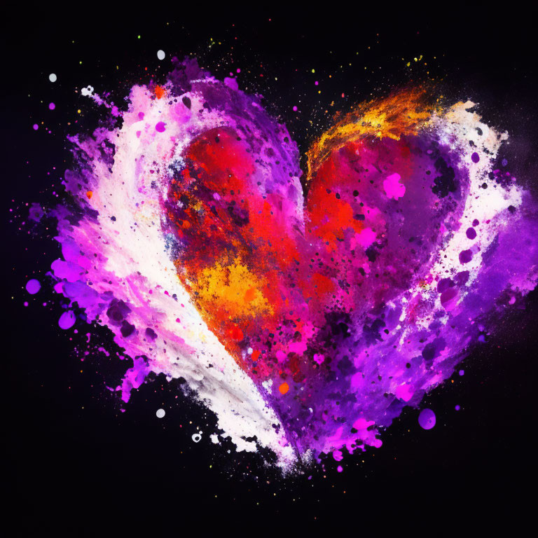 Colorful splattered paint heart on dark cosmic background