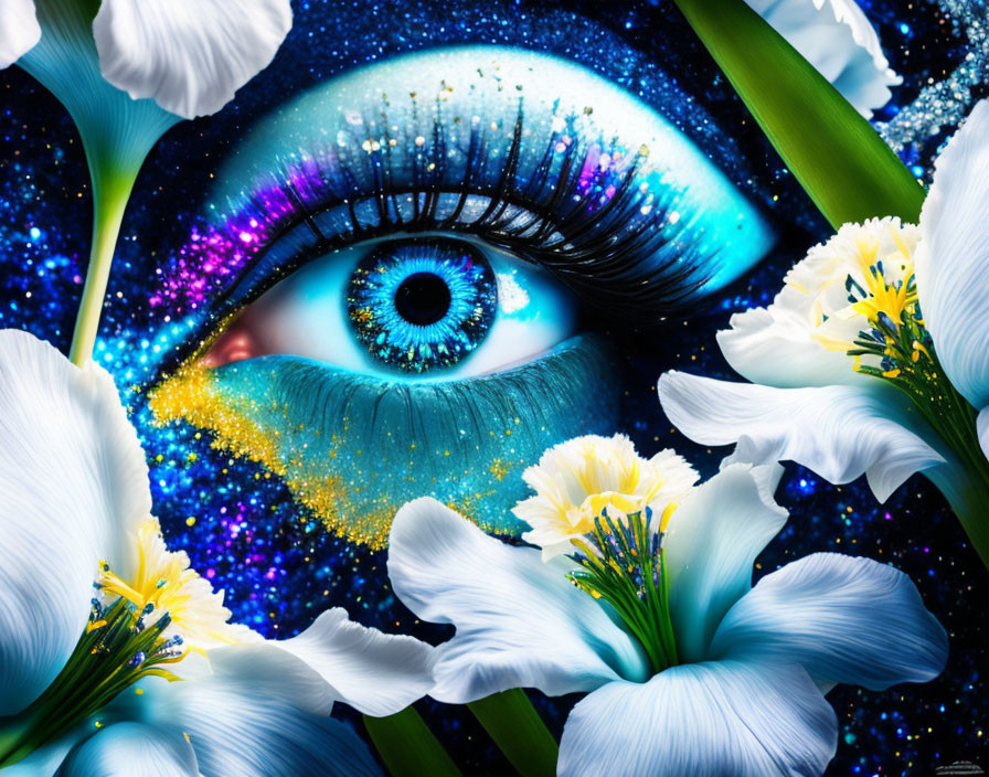 Close-Up Eye Artwork with Blue and Gold Makeup and White Flowers