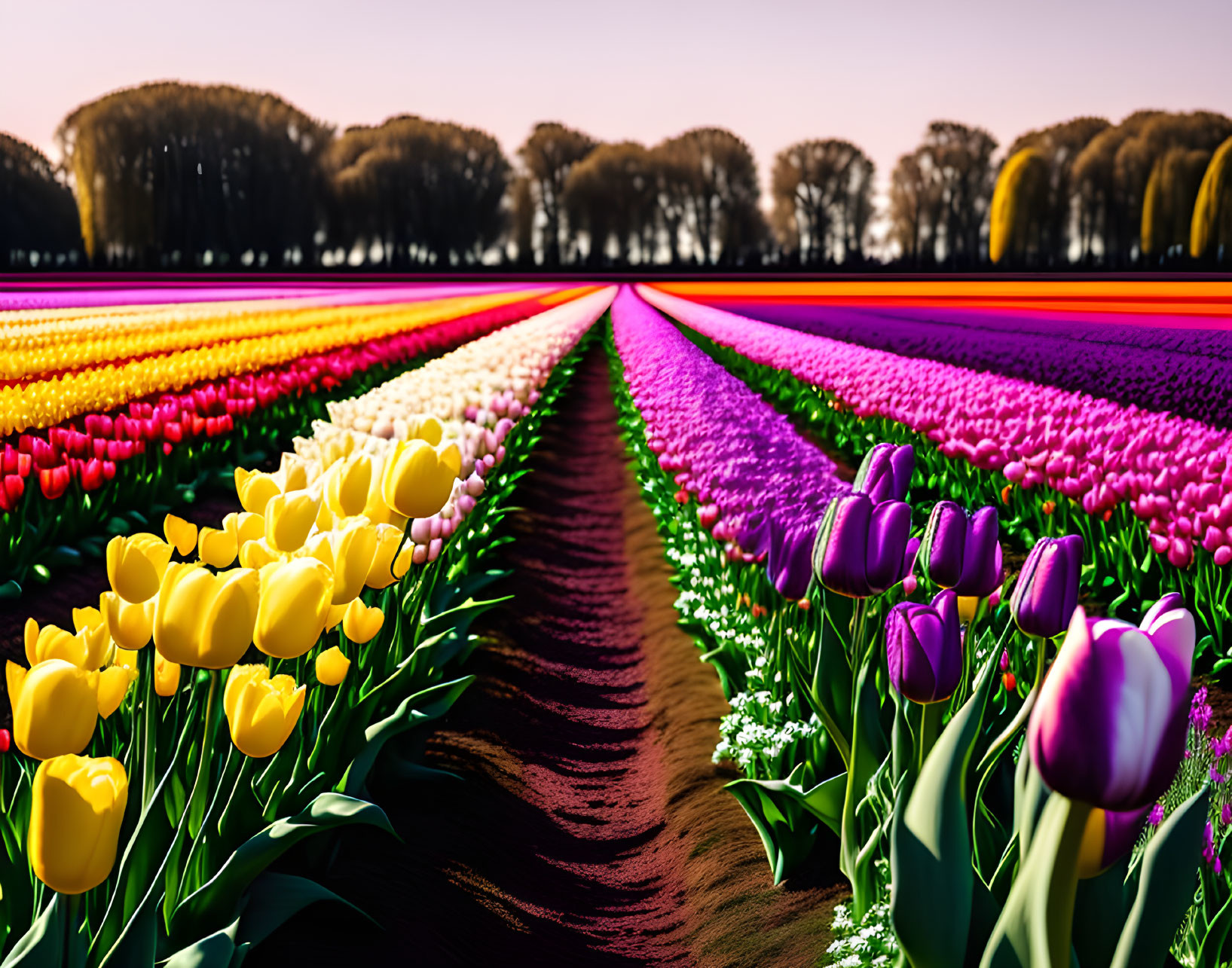 Colorful Tulip Fields Under Clear Sky Among Green Trees
