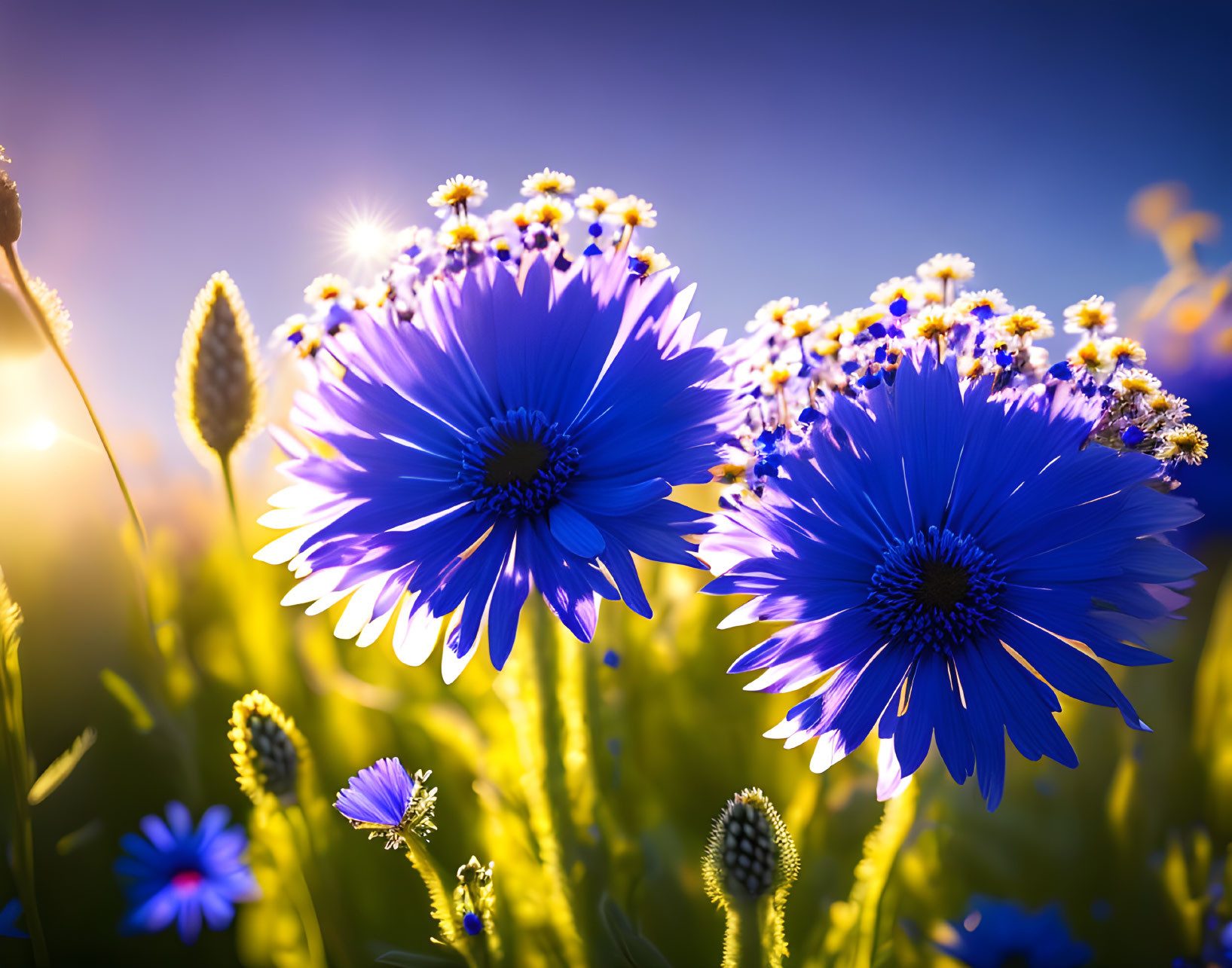 Bright Blue Flowers Blooming Against Golden Sunset