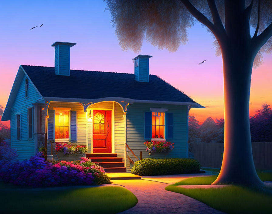 Charming blue house with porch lights, flowers, tree, and sunset sky