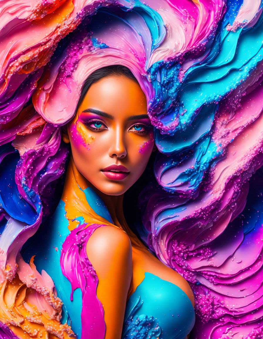 Vibrant woman with flowing blue, pink, and purple hair and colorful makeup