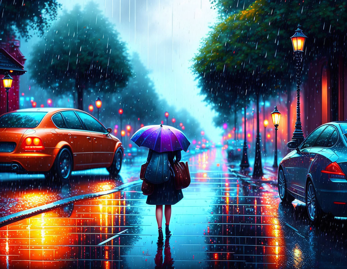 Rainy Night City Street Scene with Person and Umbrella