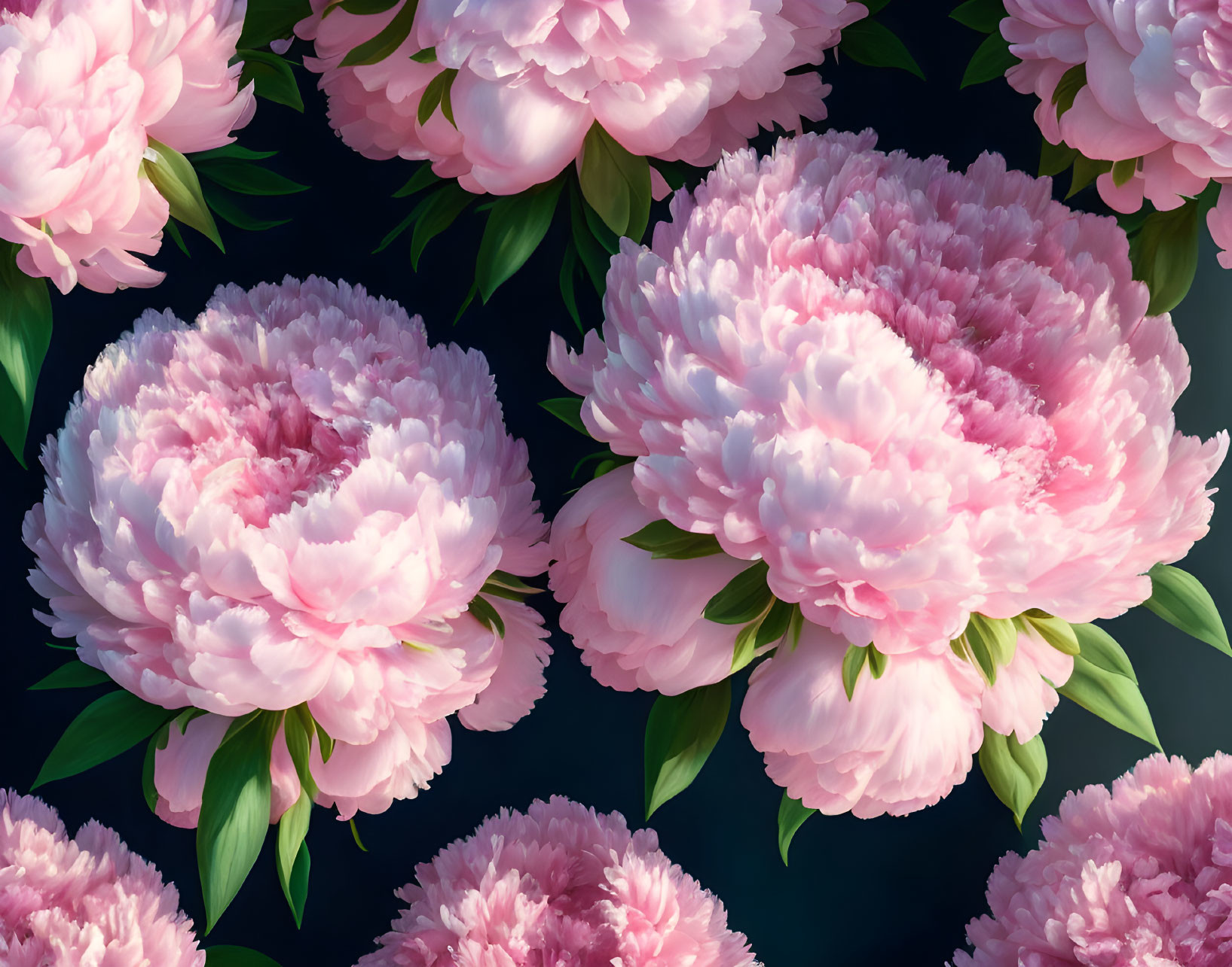 Vibrant pink peonies on dark background: detailed and romantic floral pattern